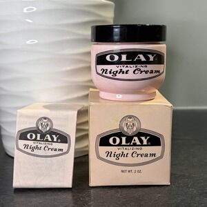 Vintage 60s Olay Vitalizing Night Cream NOS Milk Glass Jar 2 oz